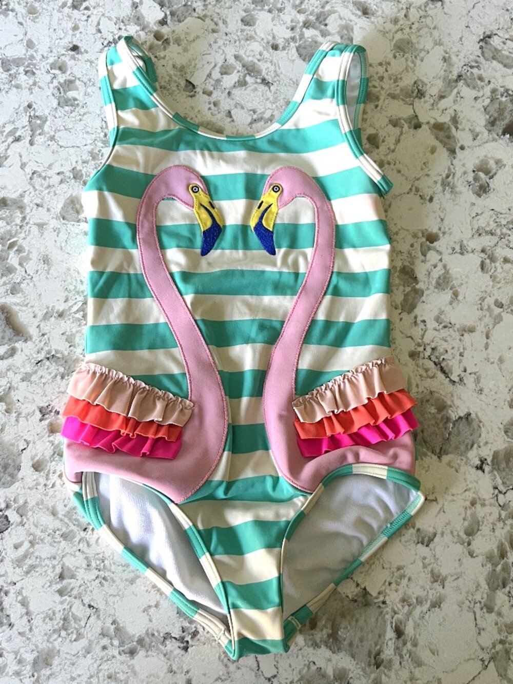 Boden striped flamingo ruffle swimsuit sz 4-5